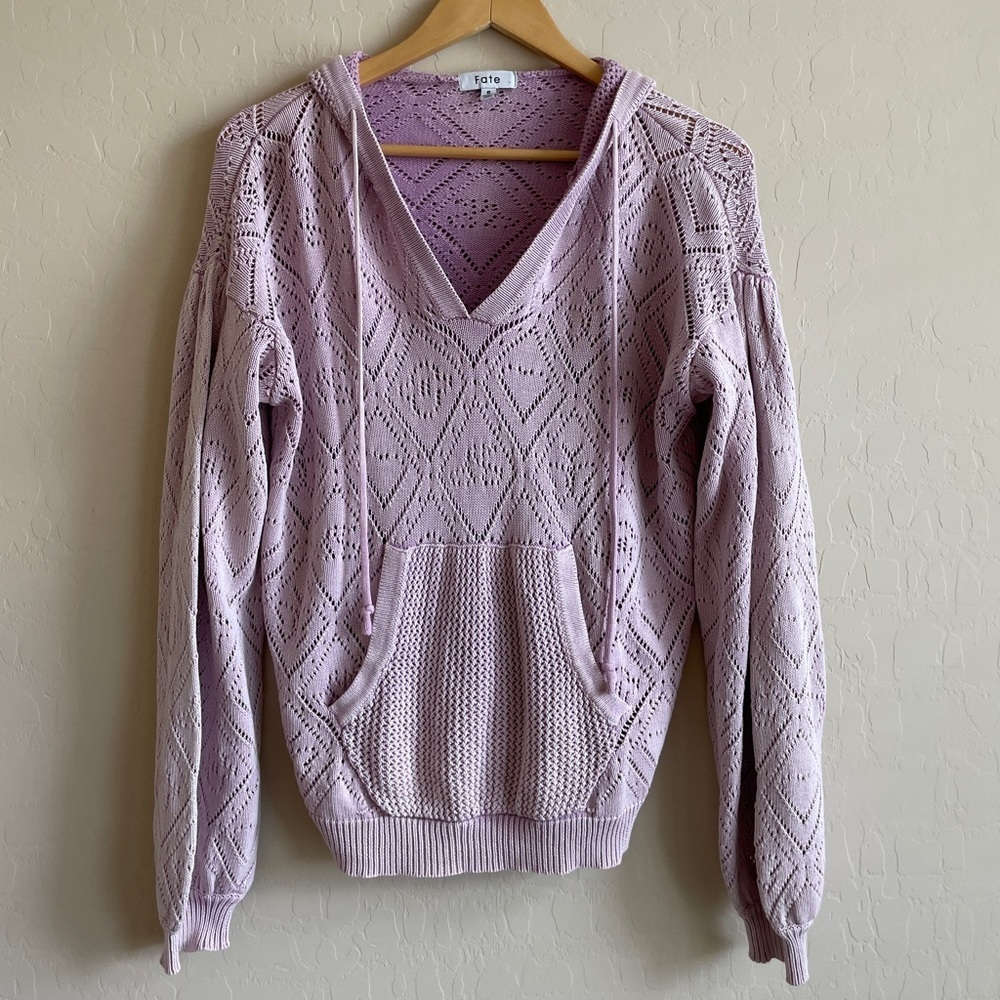 Fate Lavender Mineral Wash Open Knit Hooded Sweater